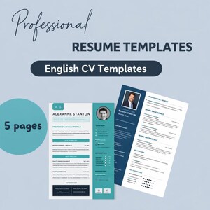 Può includere: Modelli di curriculum vitae professionali con il testo "RESUME TEMPLATES" e "English CV Templates". L'immagine mostra due esempi di curriculum, uno in verde acqua e bianco, e l'altro in blu navy e bianco. Sono visibili anche le parole "5 pagine".
