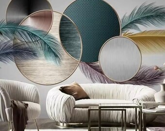 May include: A living room interior design with a white sofa and a white armchair. The wall features a large abstract mural with overlapping circles in shades of brown, teal, and silver. The circles are decorated with a textured pattern and are surrounded by stylized feathers in shades of purple, gold, and teal.