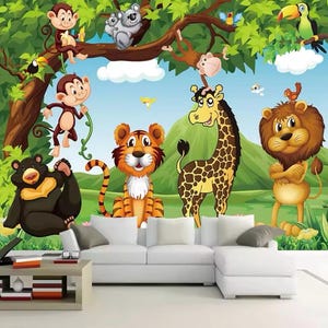 Jungle Wall Mural, Cartoon Wall Mural, Kids Wall Mural, Animals, Lion, Elephant, Tiger, Peel and Stick Wallpaper, Wall Art, Photo Mural