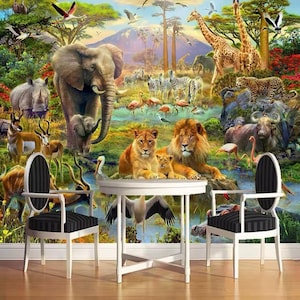 Jungle Wall Mural, Cartoon Wall Mural, Kids Wall Mural, Animals, Lion, Elephant, Tiger, Peel and Stick Wallpaper, Wall Art, Photo Mural