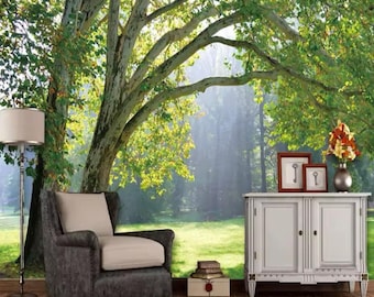 Papel de parede de floresta, mural de parede de floresta, papel de parede de árvores, papel de parede de paisagem, papel de parede removível e adesivo, decoração para casa, arte de parede, mural de fotos,