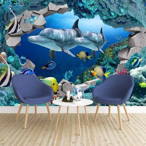 Murale con delfini, murale con subacquea, murale con oceano, delfini sott'acqua, carta da parati staccabile e adesiva, arredamento per la casa, arte murale, foto murale