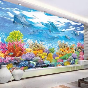 Murale con delfini, murale con subacquea, murale con oceano, barriera corallina, carta da parati staccabile e adesiva, arredamento per la casa, arte murale, murale fotografico