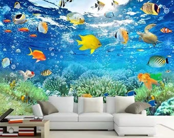 Underwater Wall Mural, Underwater Wallpaper, Ocean Wall Mural, Coral Reef, Fish, Peel and Stick Wallpaper, Home Decor, Wall Art, Photo Mural