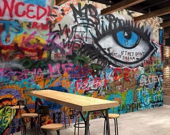 Graffiti Wallpaper, Graffiti Wall Mural, Street Art, Retro Wall Mural, Retro Wallpaper, Cafe Wall Mural Peel and Stick Wallpaper