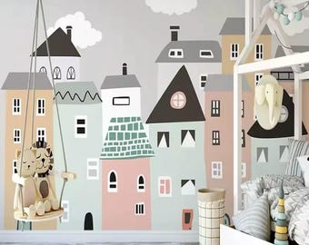 Pastel Houses Wallpaper, Pastel Colours Wallpaper, Kids Wallpaper, Kids Wall Mural, Nursery Wallpaper, Nursery Wall Mural,