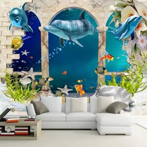 Murale con delfini, murale con subacquea, murale con oceano, delfini sott'acqua, carta da parati staccabile e adesiva, arredamento per la casa, arte murale, foto murale