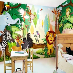 Jungle Wall Mural, Cartoon Wall Mural, Kids Wall Mural, Animals, Lion, Elephant, Zebra, Peel and Stick Wallpaper, Wall Art, Photo Mural