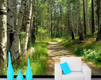 Papel de parede de floresta, mural de parede de floresta, papel de parede de árvores, papel de parede de paisagem, papel de parede removível e adesivo, decoração para casa, arte de parede, mural de fotos,