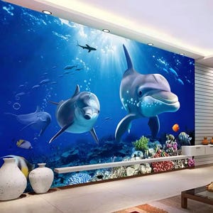 Murale con delfini, murale con subacquea, murale con oceano, delfini sott'acqua, carta da parati staccabile e adesiva, arredamento per la casa, arte murale, foto murale