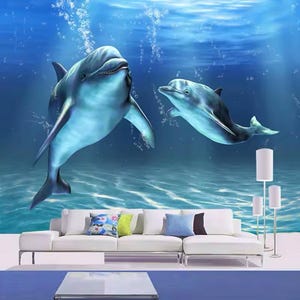 Murale con delfini, murale con subacquea, murale con oceano, delfini sott'acqua, carta da parati staccabile e adesiva, arredamento per la casa, arte murale, foto murale