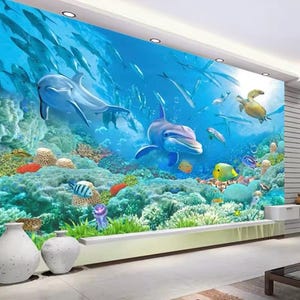 Murale con delfini, murale con subacquea, murale con oceano, delfini sott'acqua, carta da parati staccabile e adesiva, arredamento per la casa, arte murale, foto murale