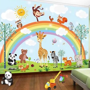 Rainbow Wallpaper, Kids Wall Mural, Animals, Jungle Wall Mural, Monkey, Peel and Stick Wallpaper, Home Decor, Wall Art, Photo Mural,