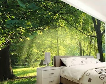 Papel de parede de floresta, mural de parede de floresta, papel de parede de árvores, papel de parede de paisagem, papel de parede removível e adesivo, decoração para casa, arte de parede, mural de fotos,