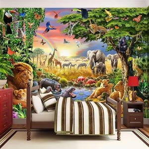 Jungle Wall Mural, Cartoon Wall Mural, Kids Wall Mural, Animals, Lion, Elephant, Tiger, Peel and Stick Wallpaper, Wall Art, Photo Mural