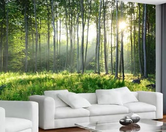 Papel de parede de floresta, mural de parede de floresta, papel de parede de árvores, papel de parede de paisagem, papel de parede removível e adesivo, decoração para casa, arte de parede, mural de fotos,