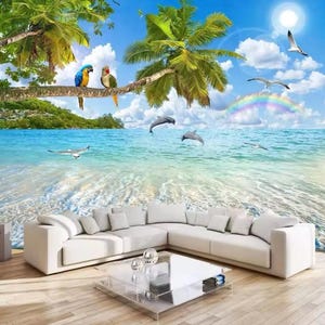 Carta da parati spiaggia, murale spiaggia, carta da parati oceano, delfini, paesaggio naturale, carta da parati stacca e attacca, arredamento per la casa, arte murale, foto murale