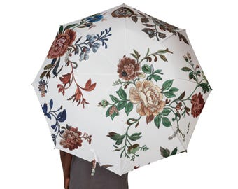 Ombrello pieghevole floreale con motivo di rose vintage, semiautomatico e compatto