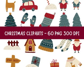May include: A collection of Christmas-themed clip art illustrations. The image includes a reindeer, Christmas trees, mittens, a stocking, a gingerbread house, a hat, socks, a Santa Claus figure, a sign that says "Stay Cozy", and wrapped gifts. The text "CHRISTMAS CLIPARTS - 60 PNG 300 DPI" is also present.