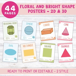 May include: A set of educational posters featuring 2D and 3D shapes, including a hexagonal prism, sphere, cuboid, cone, oval, rectangle, square, and triangle. The posters have a floral design and include the text "44 PAGES" and "FLORAL AND BRIGHT SHAPE POSTERS - 2D & 3D".