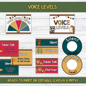 Posters för röstnivå i klassrummet, utställning för grundskolor och förskolor, Canva-mall, utskrivbara trycklampor, campingtema i skogen
