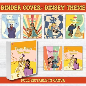 May include: A collection of seven rectangular binder covers featuring various cartoon characters in colorful settings. Each cover includes editable text fields labeled Type Here. The designs display characters like a fairy, a princess with a tiger, a girl with a rabbit, a dancing couple, and a girl with a blue creature.