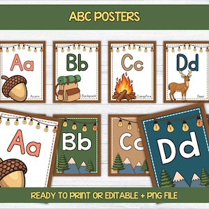 Camping Alphabet Classroom Editable Posters | ABC & Letter Poster for Little Learners | Woodland,  Nature Class Decor | Forest Theme