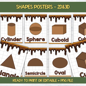 May include: A set of educational posters titled SHAPES POSTERS - 2D&3D featuring brown geometric shapes on a white grid background. Each poster has a brown chocolate drip border at the top and includes labels like Cylinder, Sphere, Cuboid, Triangle, Semicircle, and Oval.