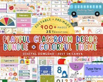 May include: A digital classroom decor bundle featuring over 900 pages of editable educational resources. The collection includes colorful alphabet cards, number charts, daily schedules, clock labels, and classroom signs with a playful theme.