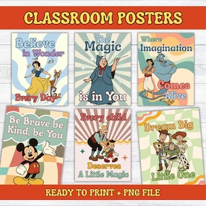 May include: A set of six classroom posters featuring Disney characters including Snow White, the Fairy Godmother, Aladdin, Genie, Mickey Mouse, Pinocchio, Geppetto, Woody, Buzz Lightyear, and Jessie with inspirational text on colourful, retro-patterned backgrounds.