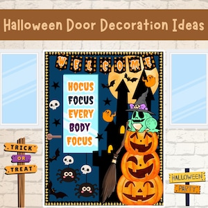 Può includere: Decorazione per la porta a tema Halloween con una porta nera con uno striscione con la scritta "WELCOME". La porta ha un cartello con la scritta "HOCUS FOCUS EVERY BODY FOCUS". Ci sono zucche, una strega, pipistrelli, ragni e fantasmi. Un cartello dice "TRICK OR TREAT".