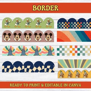 May include: A digital collection of decorative borders featuring cartoon characters including Donald Duck, Mickey Mouse, and Goofy, alongside patterns like checkered squares, retro rainbow stripes, and sunburst designs in various colors.