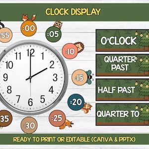 May include: A clock display educational set featuring a round analogue clock with black numbers, surrounded by circular markers labelled with minutes from :00 to :55, and rectangular signs reading O'CLOCK, QUARTER PAST, HALF PAST, and QUARTER TO.