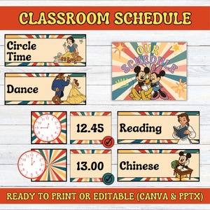 May include: A classroom schedule set featuring Disney characters including Snow White, Belle, the Beast, Mickey Mouse, Minnie Mouse, and Pluto. The design includes retro sunburst patterns, analog clocks, and text labels like Circle Time, Dance, Reading, and Chinese.