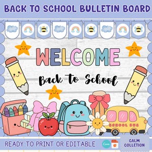 Puede incluir: Un tablón de anuncios digital titulado BACK TO SCHOOL BULLETIN BOARD con el texto WELCOME y Back To School. Incluye ilustraciones de lápices sonrientes, una mochila, un autobús escolar, una manzana, crayones, estrellas y arcoíris.