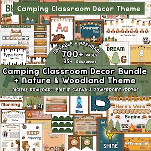 May include: A digital camping classroom decor bundle featuring over 700 pages and 35 resources with woodland themes. The collection includes editable templates, alphabet cards, classroom rules, and nature-inspired graphics like bears, raccoons, and lanterns.