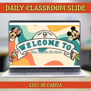 May include: A laptop screen displaying a digital classroom slide with a wavy, multi-colored background. The slide features cartoon characters, a banner with the text "WELCOME TO", and the custom text "Mrs. Fajarial Jia Class".