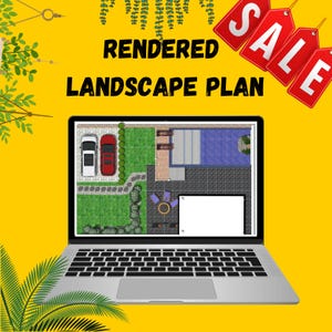 Könnte beinhalten: Ein Laptop-Computer, der einen gerenderten Landschaftsplan mit einem Schwimmbad, einer Terrasse und zwei Autos in der Einfahrt anzeigt. Der Text "RENDERED LANDSCAPE PLAN" wird über dem Plan angezeigt. Ein rotes Etikett mit dem Wort "SALE" befindet sich in der oberen rechten Ecke des Bildes.