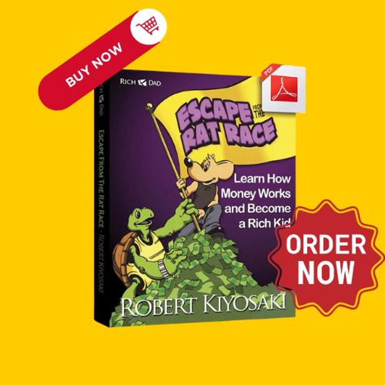May include: A purple book cover with the title "Escape from the Rat Race" and the author "Robert Kiyosaki". The cover features a cartoon turtle and a rat with a money bag.
