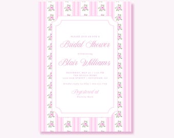 Floral Bridal Shower Invitation Template, Elegant Pink Stripes (Canva Digital Download)
