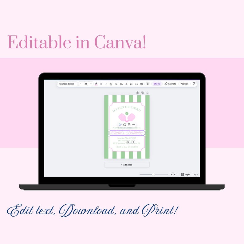 May include: A green and white striped invitation with a pink butterfly and the text "Let's Hit the Court!"  The invitation is for a tennis party and includes the date, time, and location.  The invitation is editable in Canva.