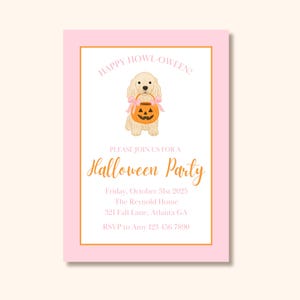 Könnte beinhalten: Eine rosa Halloween-Party-Einladung mit orangefarbenem Rand. Die Einladung zeigt einen Cartoon-Hund, der einen Kürbis-Eimer hält. Der Text enthält "Happy Howl-oween!" und "Halloween Party". Das Datum ist der 31. Oktober 2025.