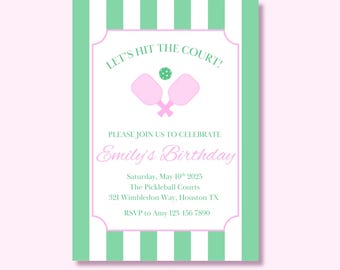 Pickleball Birthday Party Invitation, Green & Pink (Canva Digital Download)