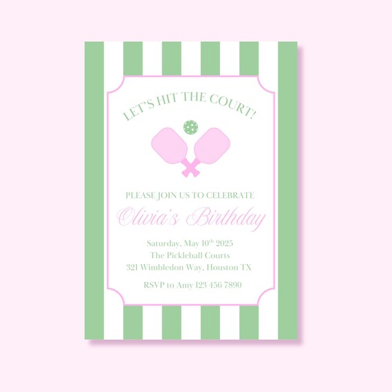 Pink and Green Pickleball Birthday Invitation, Canva Template (Canva Digital Download)