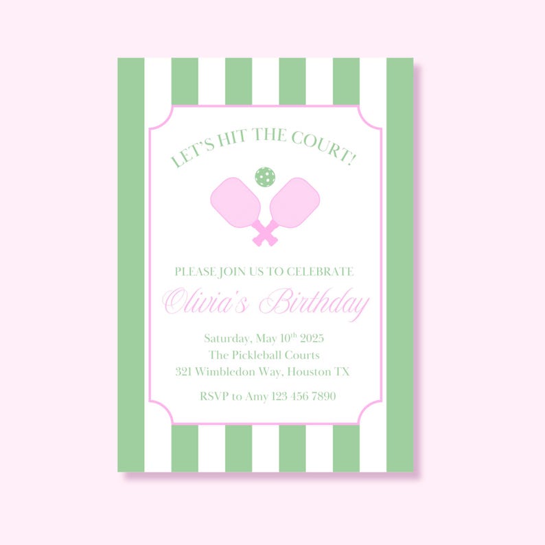 Pink and Green Pickleball Birthday or Party Invitation, Canva Template (Canva Digital Download). Green stripe invitation with pink pickleball paddles. "Let's hit the court".