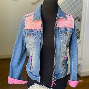 Luscious Pink Tweed Highlighted Designer Upcycled Denim Jean Jacket