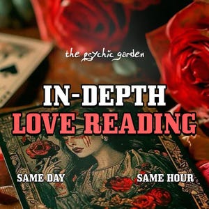 May include: A tarot card with a woman and roses, with the text "IN-DEPTH LOVE READING". The text "the psychic garden" is also present. The words "SAME DAY" and "SAME HOUR" are also visible in the image.