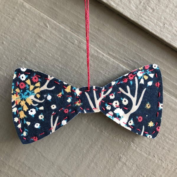 Hipster Hand Stitched Navy Print Bow Tie Ornament