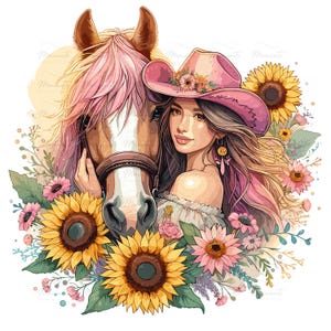10 PNG 馬とカウボーイの女性のクリップアート、ひまわり、野生の花、夏、秋、パステルカラーのイラスト、即時ダウンロード、背景をクリア