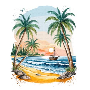12 PNG Clipart di una spiaggia tropicale soleggiata, palme, oceano, sabbia dorata, bar sulla spiaggia, barca vicino alla spiaggia, foresta e montagne vicino alla spiaggia.